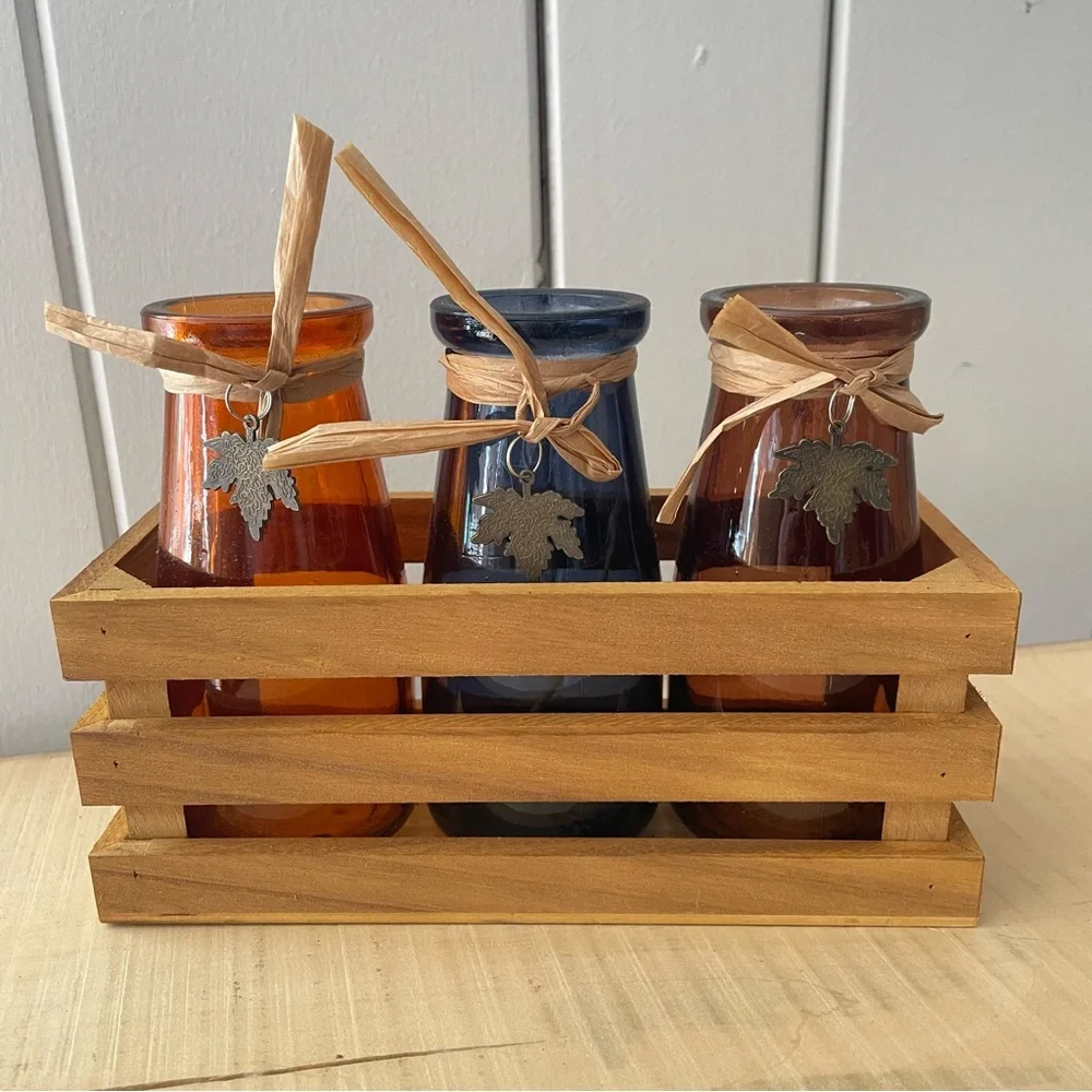 $10 SALE Colorful Glass Flower Vases Wooden Box Home Accent Decor Farmhouse